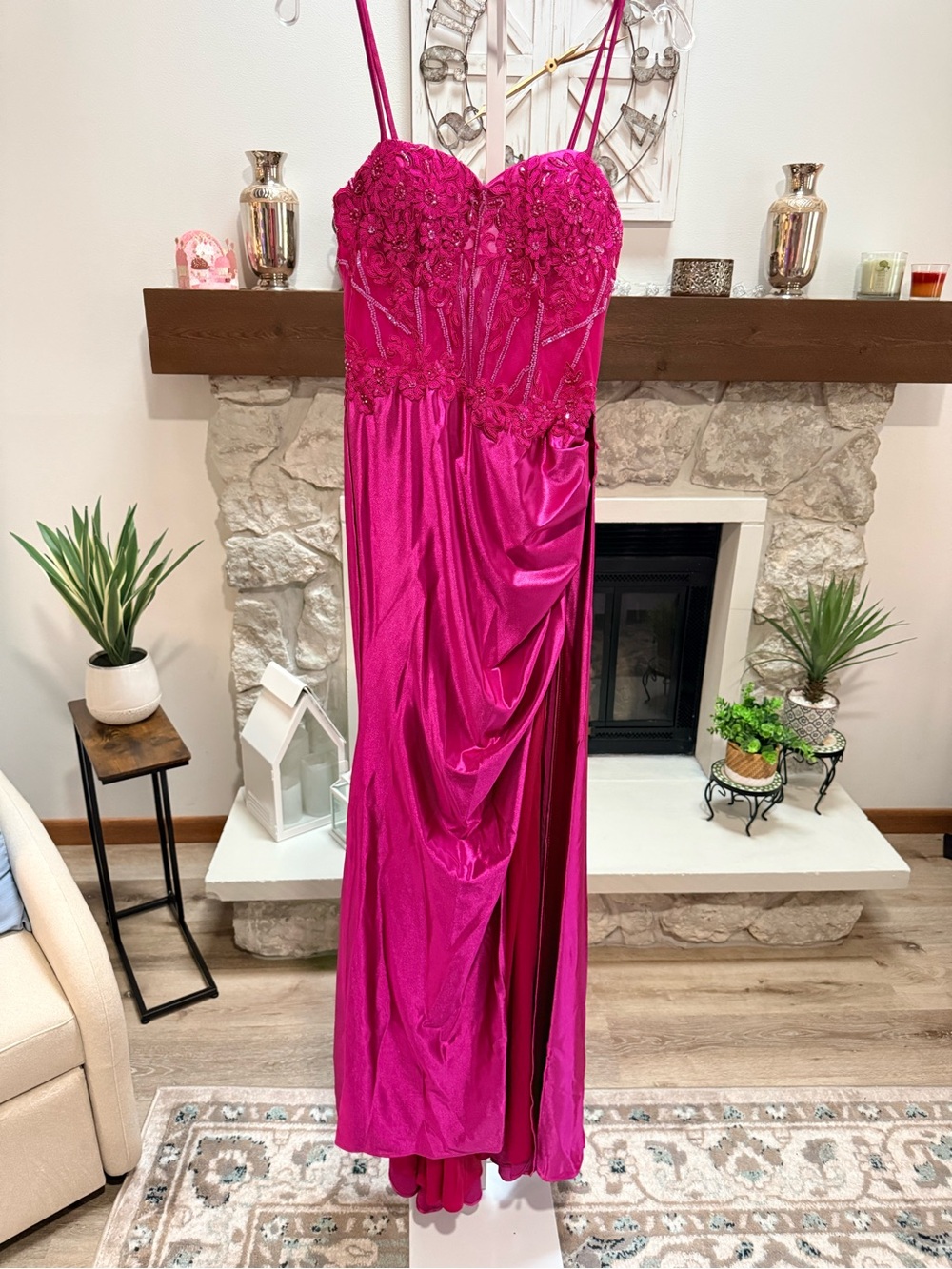 Fuchsia Lace-Embellished Satin Gown - size 8